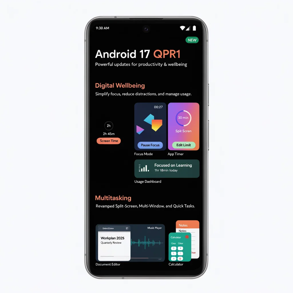 A smartphone screen showing the Android 17 QPR1 update interface highlighting digital wellbeing and multitasking features in a modern Google Pixel device.