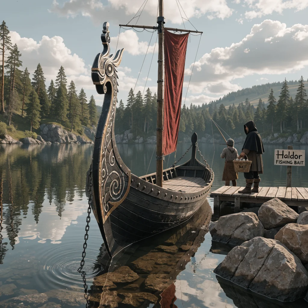 A realistic photo of a Viking ship docked by a serene lake with a player fishing using a fishing rod and bait sold by Haldor in Valheim.