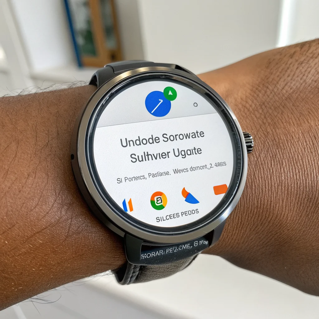 A person wearing a Google Pixel Watch showing the latest software update screen with new features like one-handed gestures and Google Maps navigation.