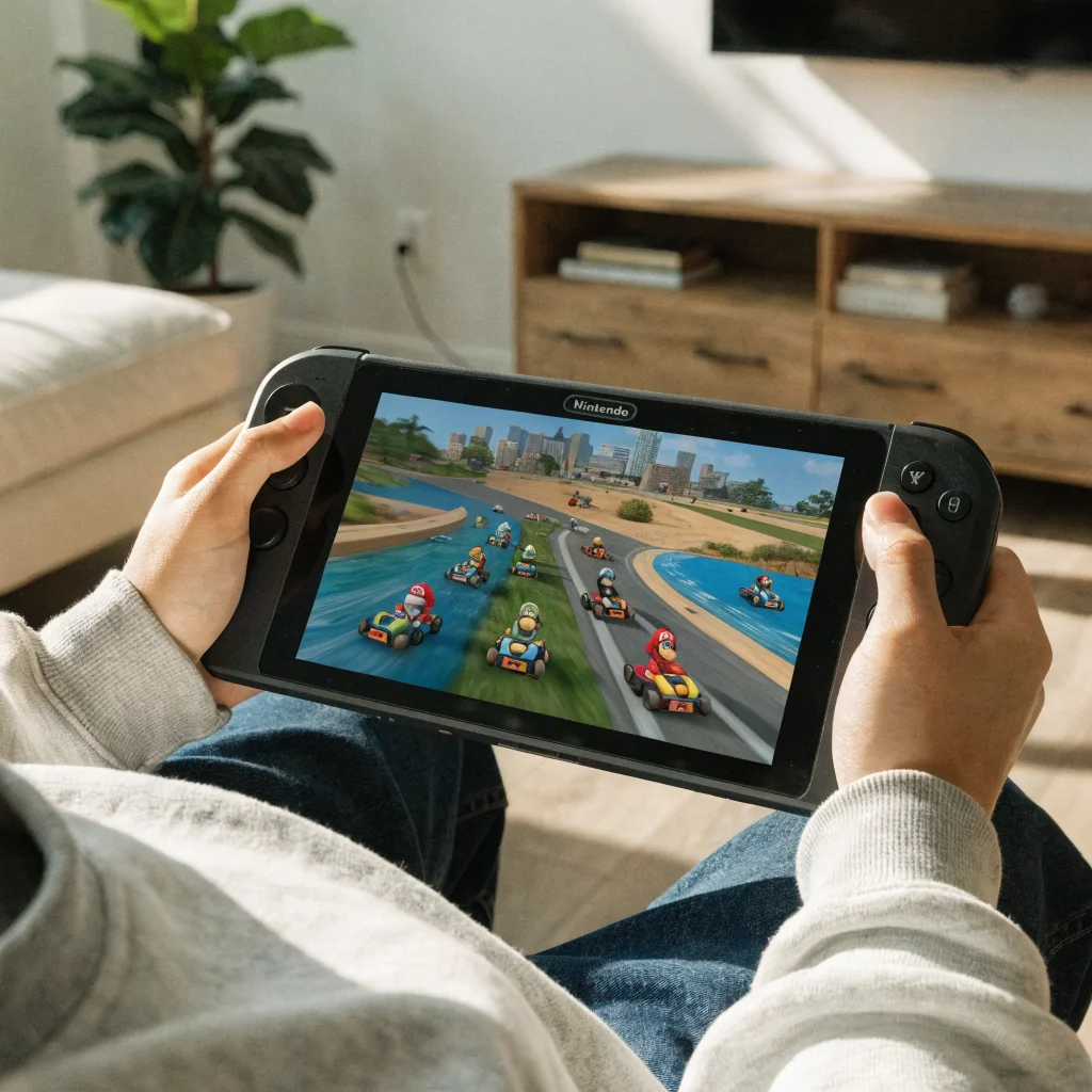 A realistic photo of a Nintendo Switch 2 console displaying Mario Kart 8 Deluxe with eight-player split-screen local multiplayer and enhanced 1080p graphics on handheld mode.