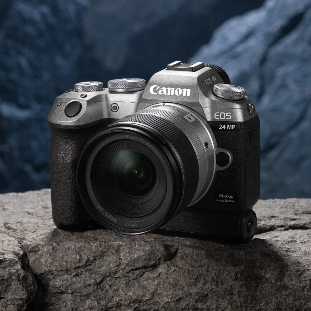 A lightweight Canon EOS R8 II full-frame camera with 24MP, 5-axis image stabilization, joystick autofocus, inspired by classic SLR design, set against a blurred studio background.