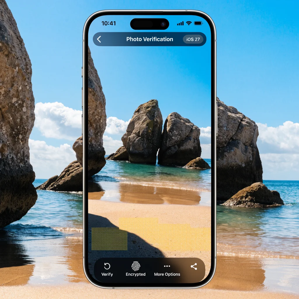 A realistic close-up photo of an iPhone 18 Pro screen displaying iOS 27 photo verification and pixel encryption features enhancing digital image security.