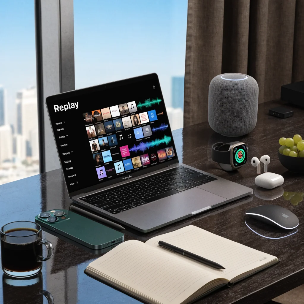 A sleek workspace featuring the latest 2026 Apple products including MacBook Pro, iPhone 17, Apple Watch Series 11, AirPods Pro, HomePod mini, Apple TV 4K, with Apple Music Replay playlist displayed.