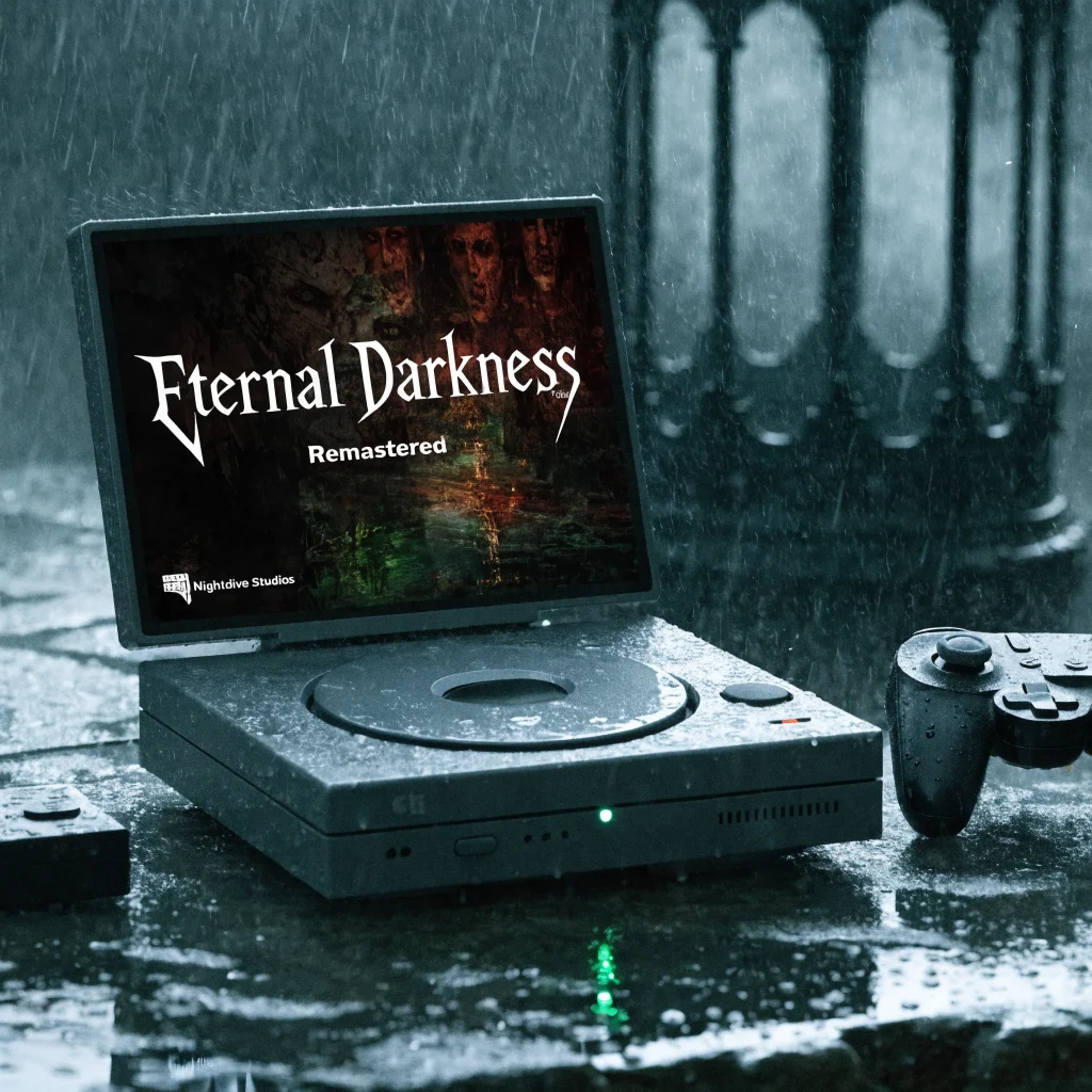 A realistic close-up of a GameCube console displaying Eternal Darkness remastered by Nightdive Studios with eerie Lovecraftian horror visuals and sanity effects on screen.