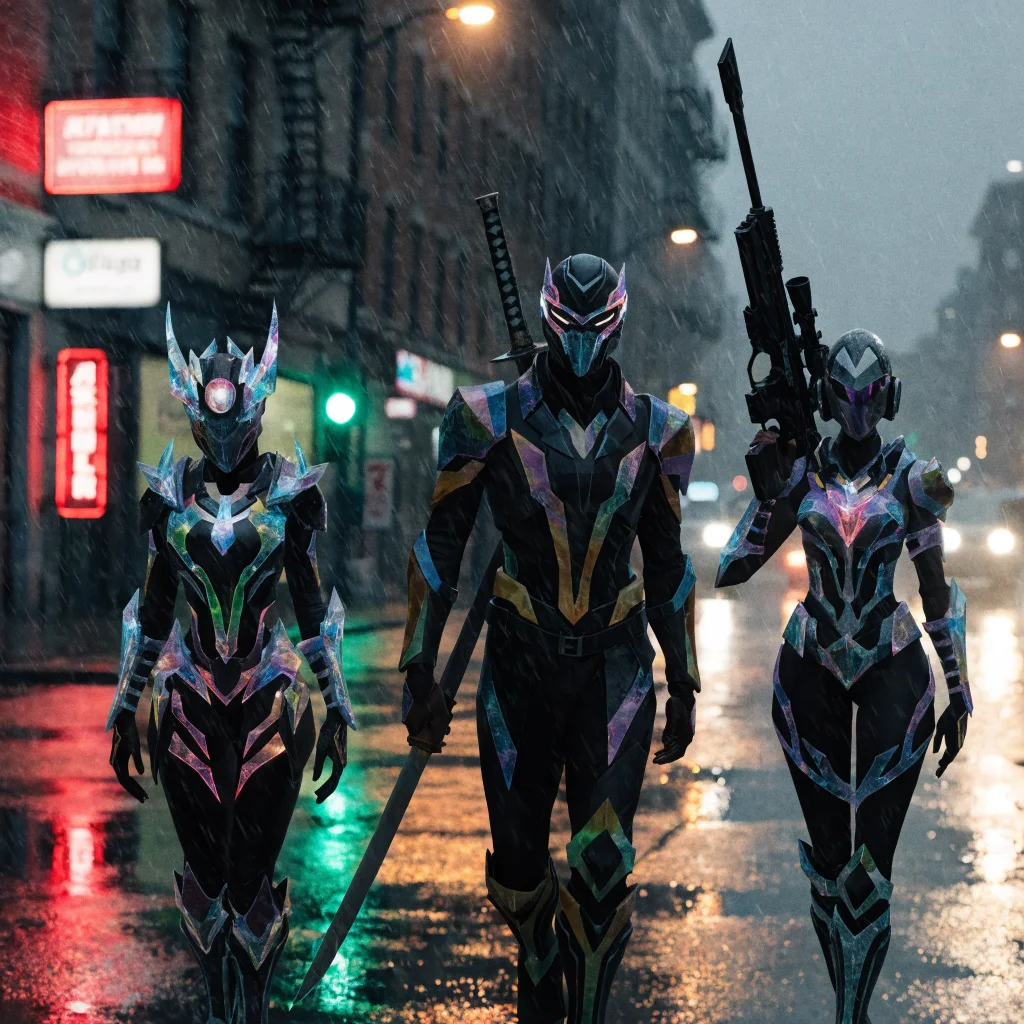 A realistic photo of Overwatch characters Kiriko, Genji, and Widowmaker in new Mythic skins from Blizzard's battle pass, featuring vibrant Mythic Prism effects.
