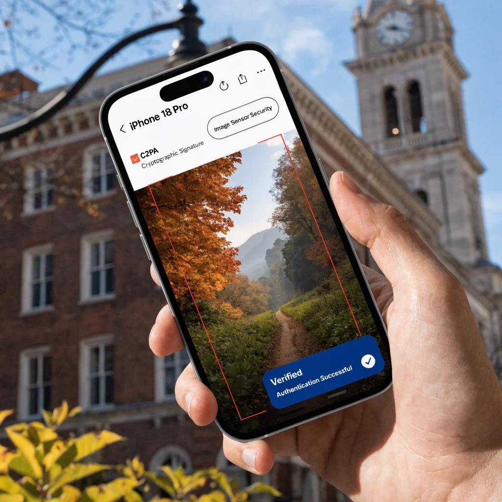 A realistic photo of an iPhone 18 Pro displaying a cryptographic photo signature screen with references to C2PA and image sensor security features.