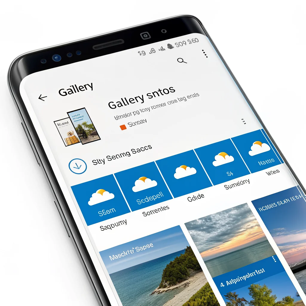 A realistic photo showing a Samsung smartphone screen displaying the Samsung Gallery app syncing photos with Google Photos and OneDrive in One UI 9 interface.