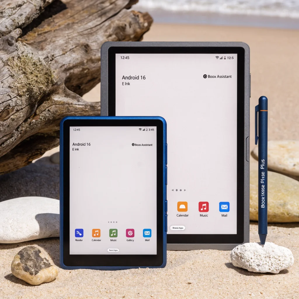 A realistic photo of the new Boox Palma 3 and Boox Note Air6 C e-readers with aluminum frames, E Ink displays, Boox InkSense Plus pen, showcasing Android 16 interface.