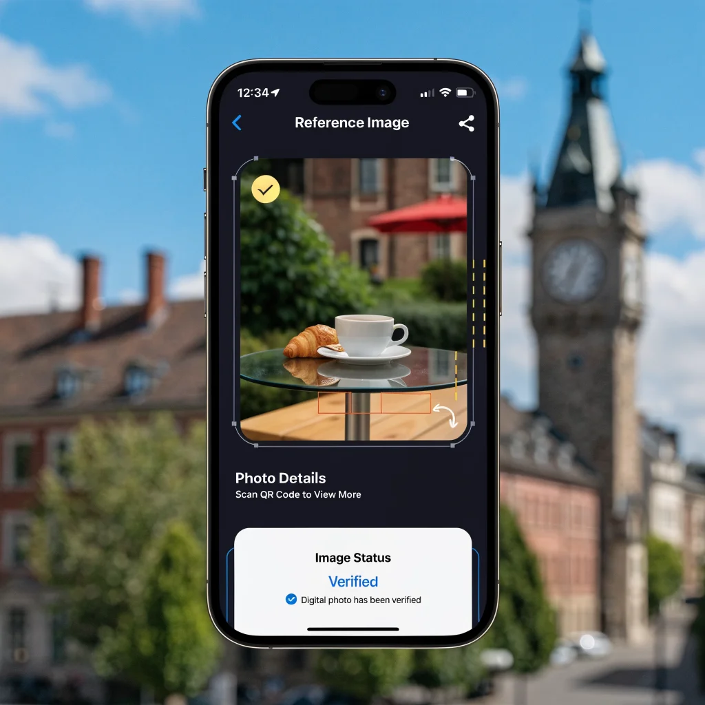 A realistic photo of an iPhone screen displaying the Apple Reference Image app interface, highlighting digital photo authenticity and security features.
