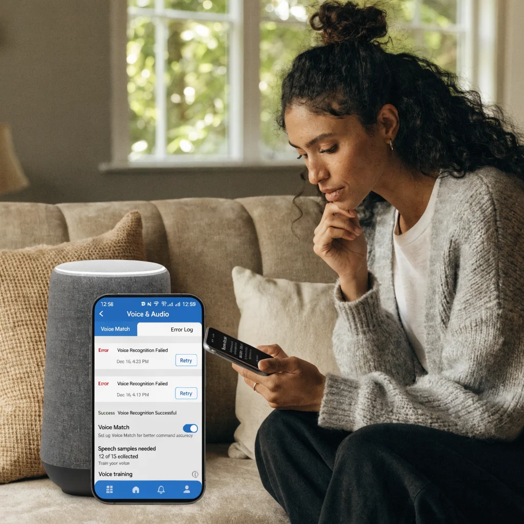 A user troubleshooting Google Home voice recognition errors and Voice Match improvements on a smartphone near a Google Nest device.
