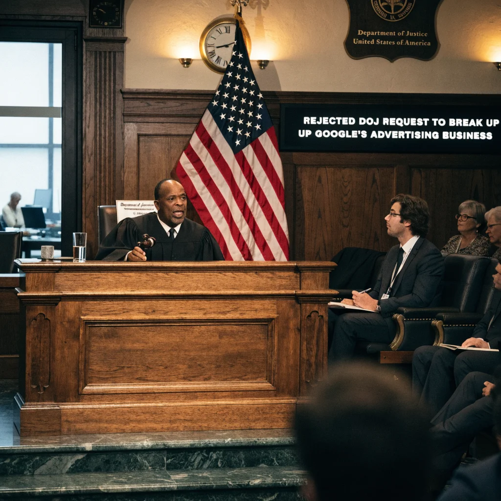 A courtroom scene showing a judge delivering a ruling rejecting the DOJ's request to break up Google's advertising business in an antitrust case.