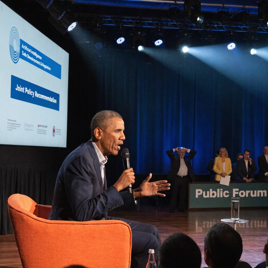 Barack Obama speaking at a public event about safe artificial intelligence development and AI regulation with American politicians in the background.