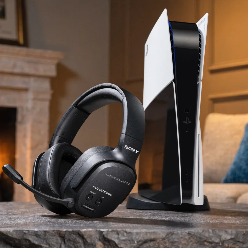 A realistic photo of the Sony Pulse Edge wireless gaming headset with Planar Magnetic drivers and ANC technology displayed beside a PS5 console.