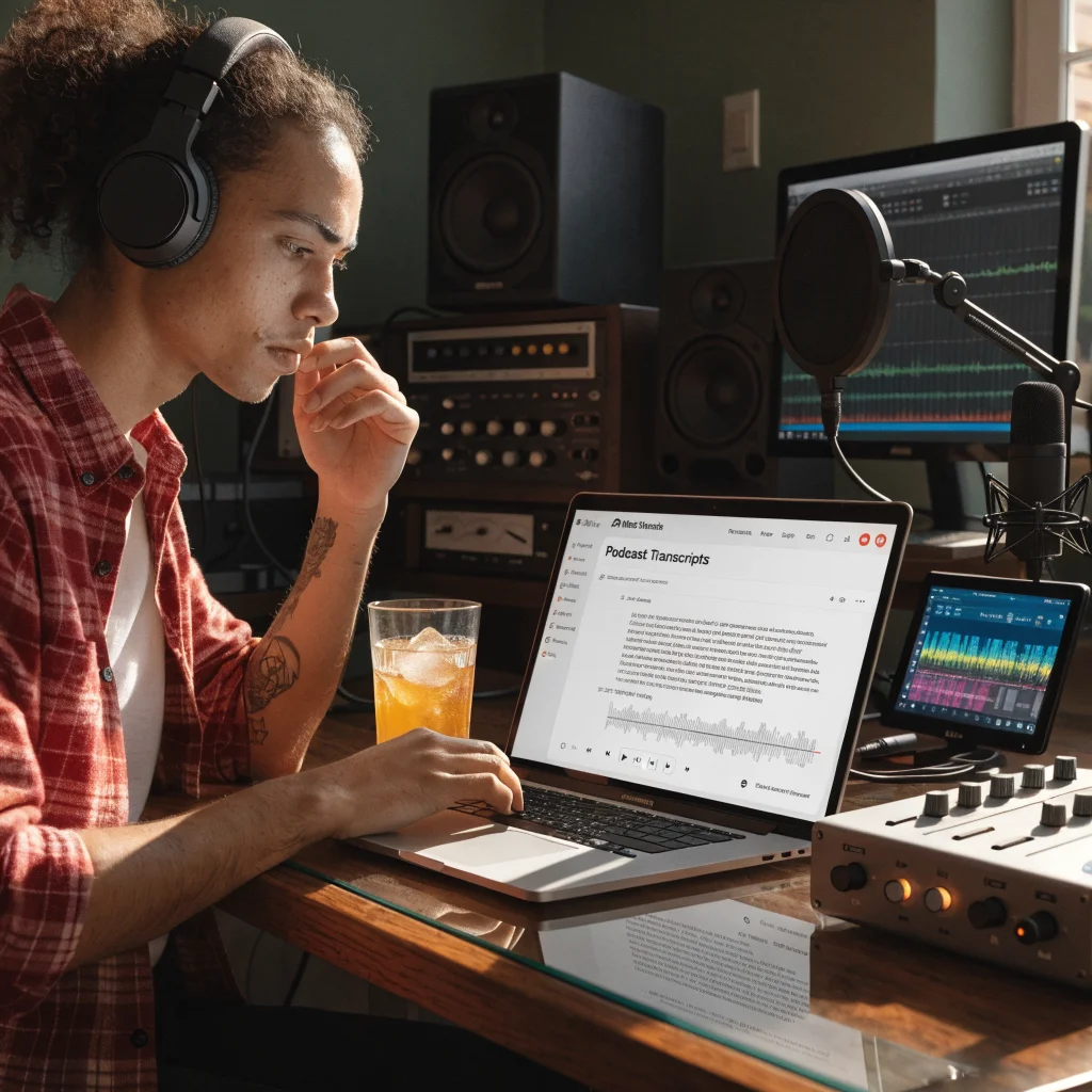 A realistic photo of a content creator analyzing podcast transcripts on a laptop with Meta Threads interface visible, surrounded by digital media tools in 2026.