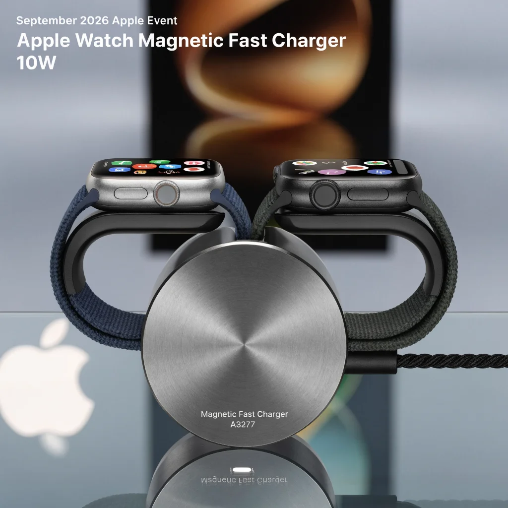 A sleek close-up of the Apple Watch Series 12 and Ultra 4 charging with the new Apple Watch Magnetic Fast Charger A3277 delivering 10W at the September 2026 Apple Event.