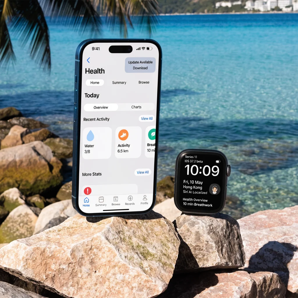 A realistic photo of an iPhone displaying the redesigned Health app interface alongside an Apple Watch Series 11, showcasing iOS 27.2 beta features with Siri AI localization.
