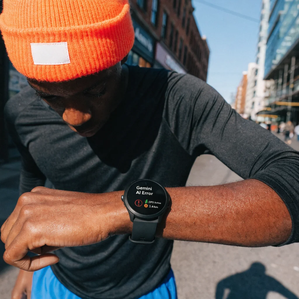 A realistic photo of a Pixel Watch 5 displaying a Gemini AI error message, with GPS and sports tracking features visible on screen.