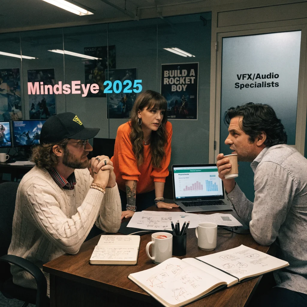 A tense office scene showing MindsEye 2025 game studio employees discussing layoffs and project suspension on Build a Rocket Boy, with action game posters and VFX/audio specialists present.