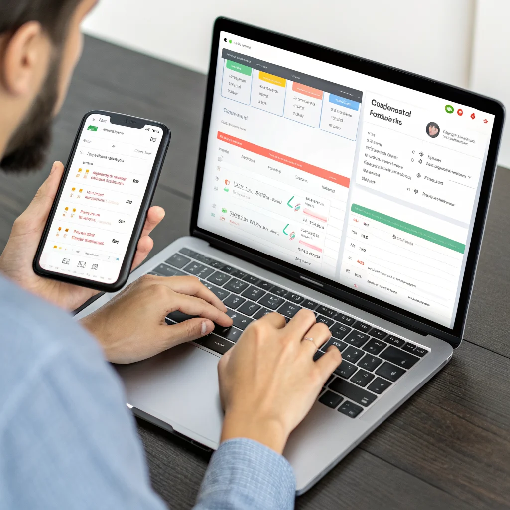 A person using the open-source Logseq app on a laptop to organize daily Markdown notes with synchronization, alongside a Google Keep interface on a phone.