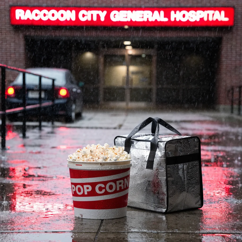 A realistic photo of an insulated popcorn bucket and a medical courier bag at Raccoon City General Hospital set, referencing Resident Evil horror film and video game Easter eggs.