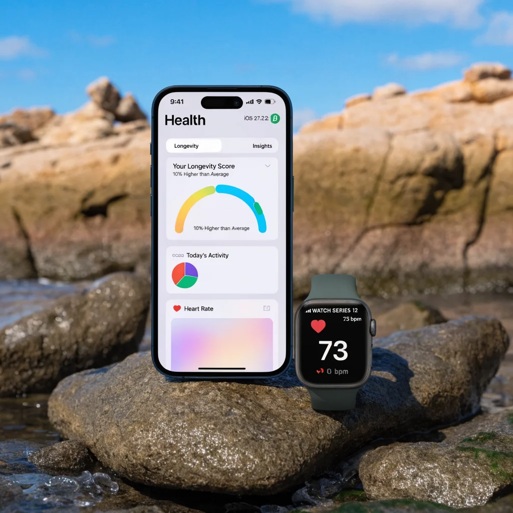 A realistic photo of an iPhone 18 Pro displaying the iOS 27.2 beta Health app with Longevity and Insights tabs, alongside an Apple Watch Series 12 showing heart rate data.