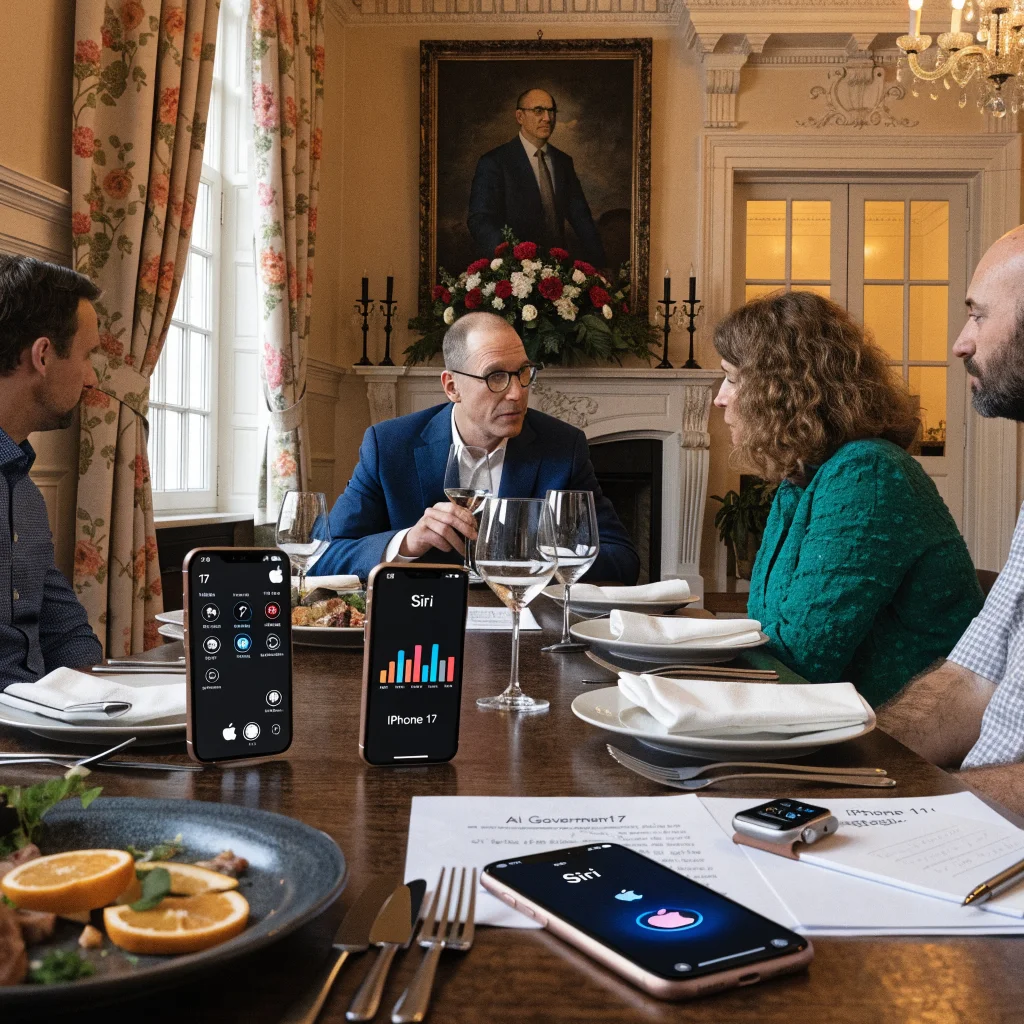 Tim Cook at a formal dinner discussing artificial intelligence, with Apple products like iPhone 17 and Apple Watch Series 11 displayed, symbolizing tech-government collaboration.