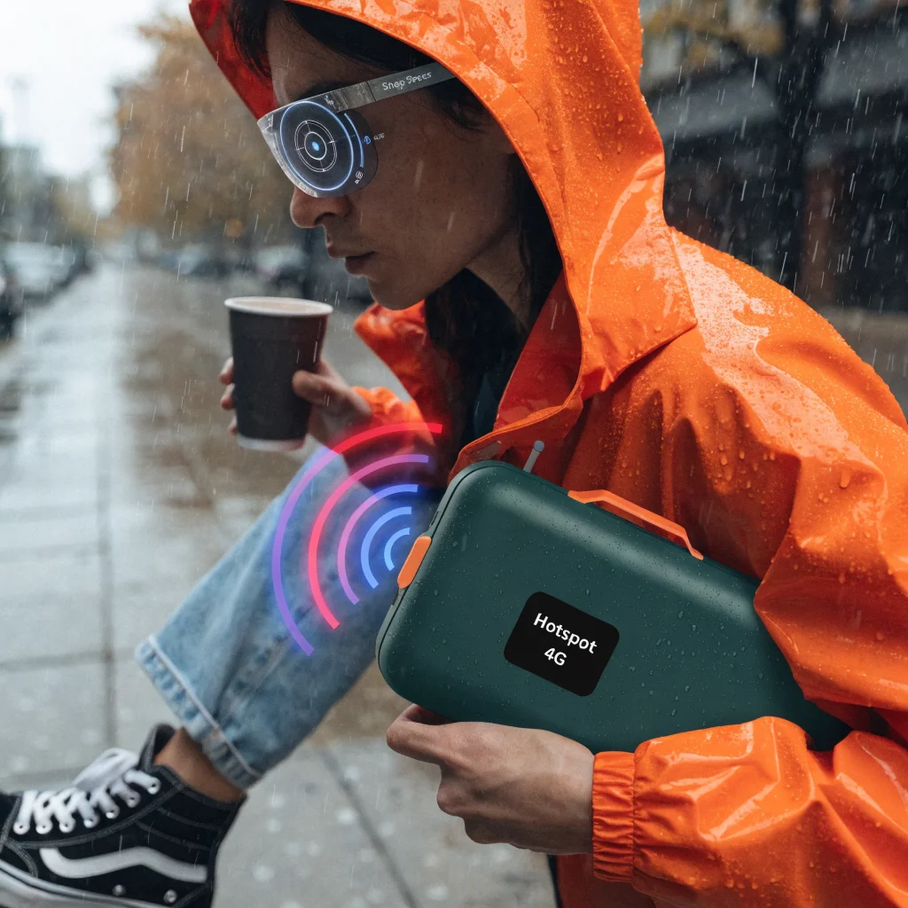 A realistic photo of Snap Specs smart AR glasses with AI features and a connected case creating a mobile hotspot, showcasing innovative wearable technology.
