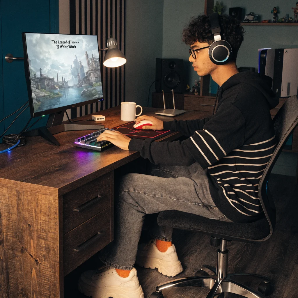 A realistic photo of a gamer playing The Legend of Heroes 3 White Witch JRPG remake on a modern PC setup with gaming consoles in the background.