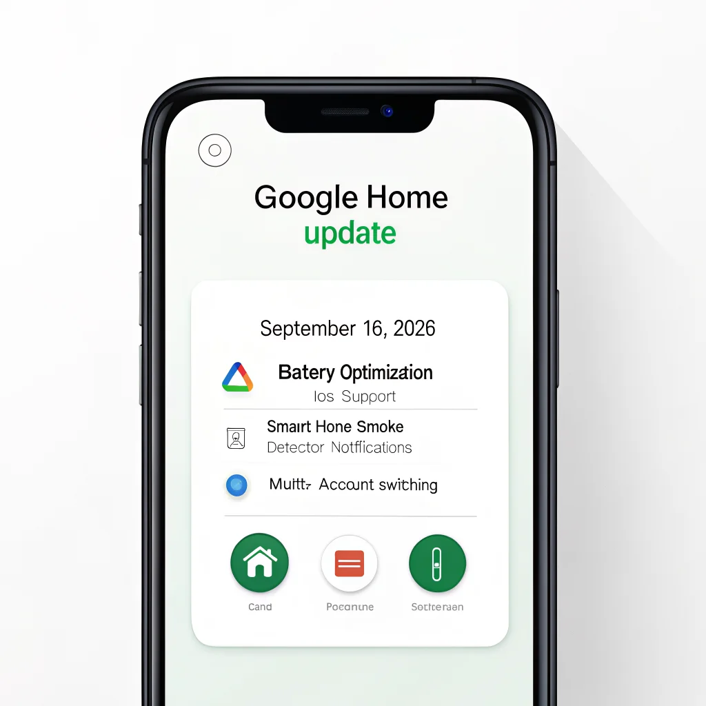 A smartphone screen displaying the Google Home app update on September 16, 2026, highlighting battery optimization, iOS support, smart home smoke detector notifications, and multi-account switching.