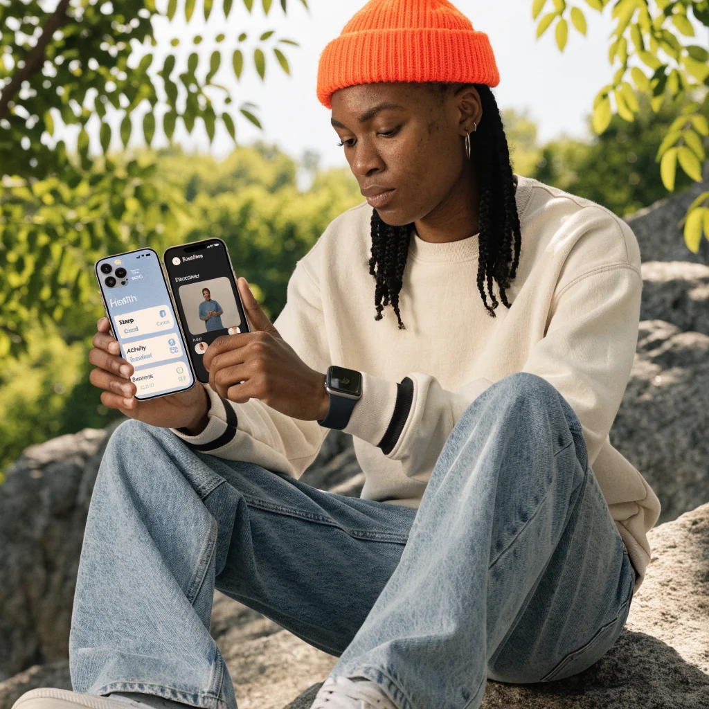 A person holding an iPhone showing the iOS 27.2 beta interface with updated Health app and FaceTime sign language interpretation features.