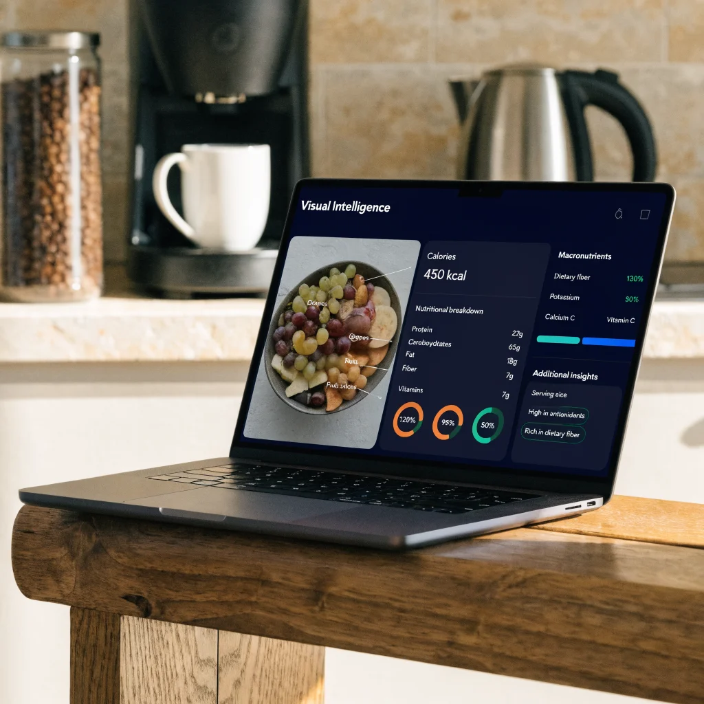 A realistic photo of a MacBook Neo running macOS Golden Gate displaying the Visual Intelligence app with detailed nutritional information on screen.