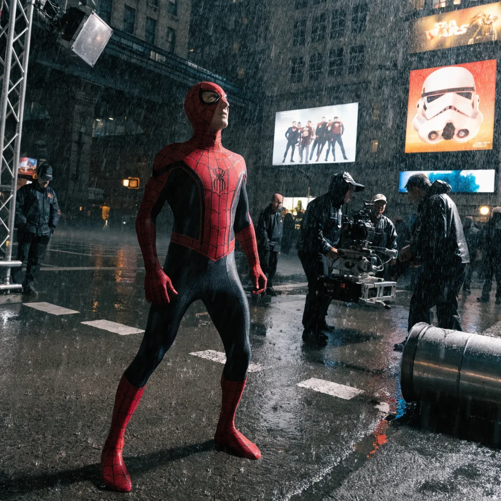 A realistic photo of Spider-Man Tom Holland on a movie set, surrounded by Avengers and Star Wars posters, highlighting blockbuster success.