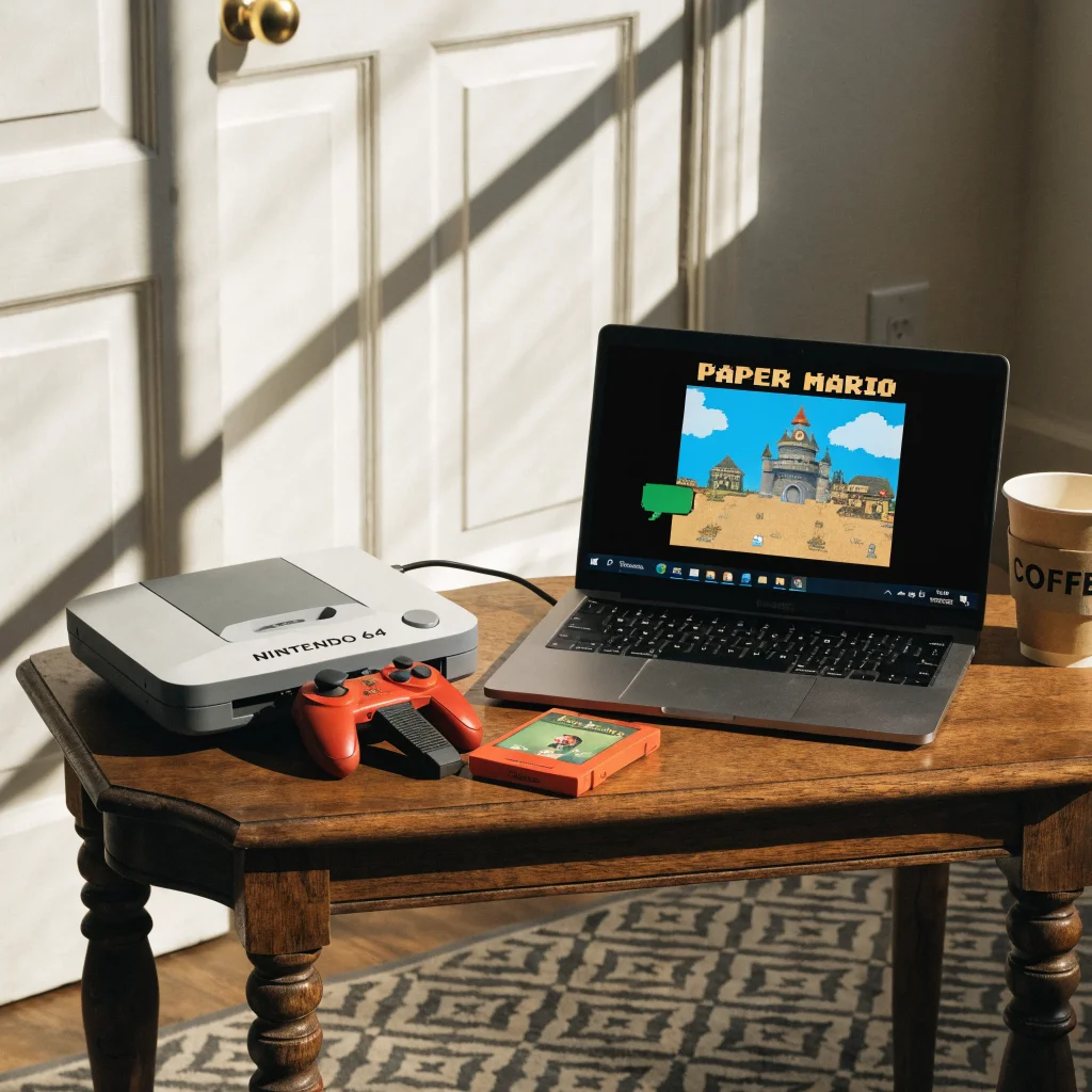 Realistic photo of a vintage Nintendo 64 console next to a laptop displaying the Paper Mario game running on Windows with 2D paper-style graphics.