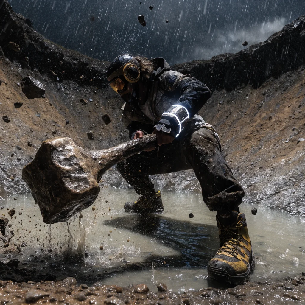 A dynamic photo of a Monster Hunter Wilds Ascendance player wielding a dinosaur hammer with Boost Bracer in an Impact Crater, showcasing new combat mechanics inspired by Devil May Cry.