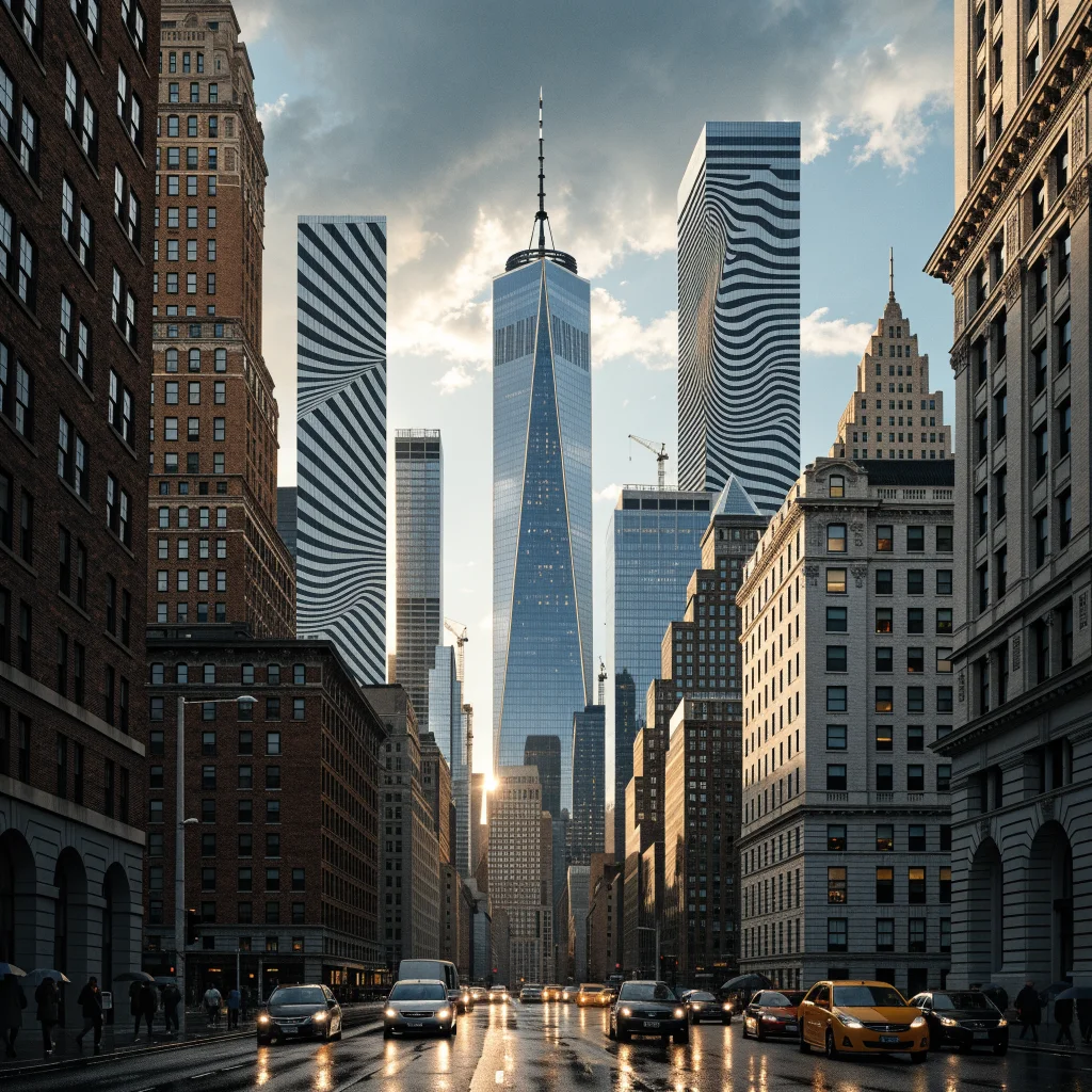 A realistic photo of Manhattan with surreal Escher-like architecture elements and subtle Fibonacci spiral patterns blending into the urban environment.
