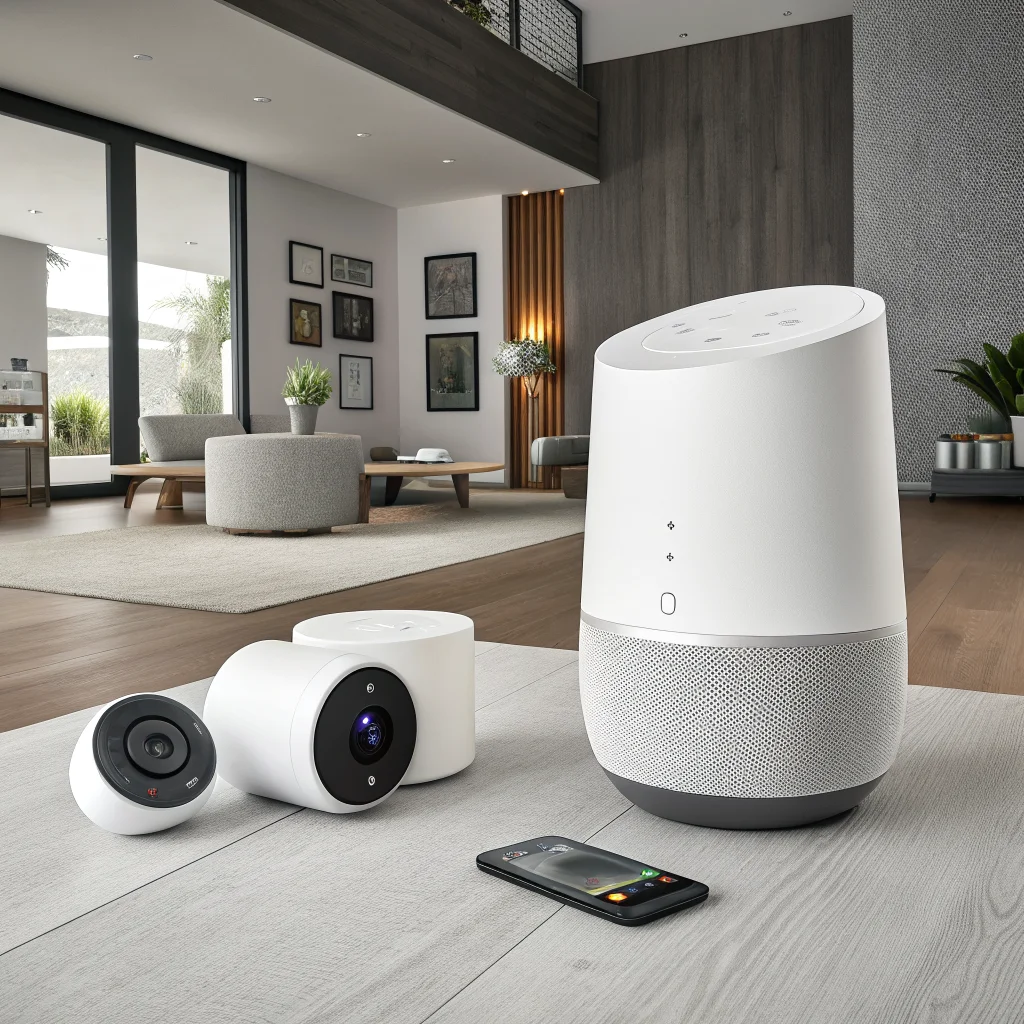 A modern Google Home Premium device demonstrating AI security features in a smart home environment, highlighting Model Context Protocol integration by AI agents.