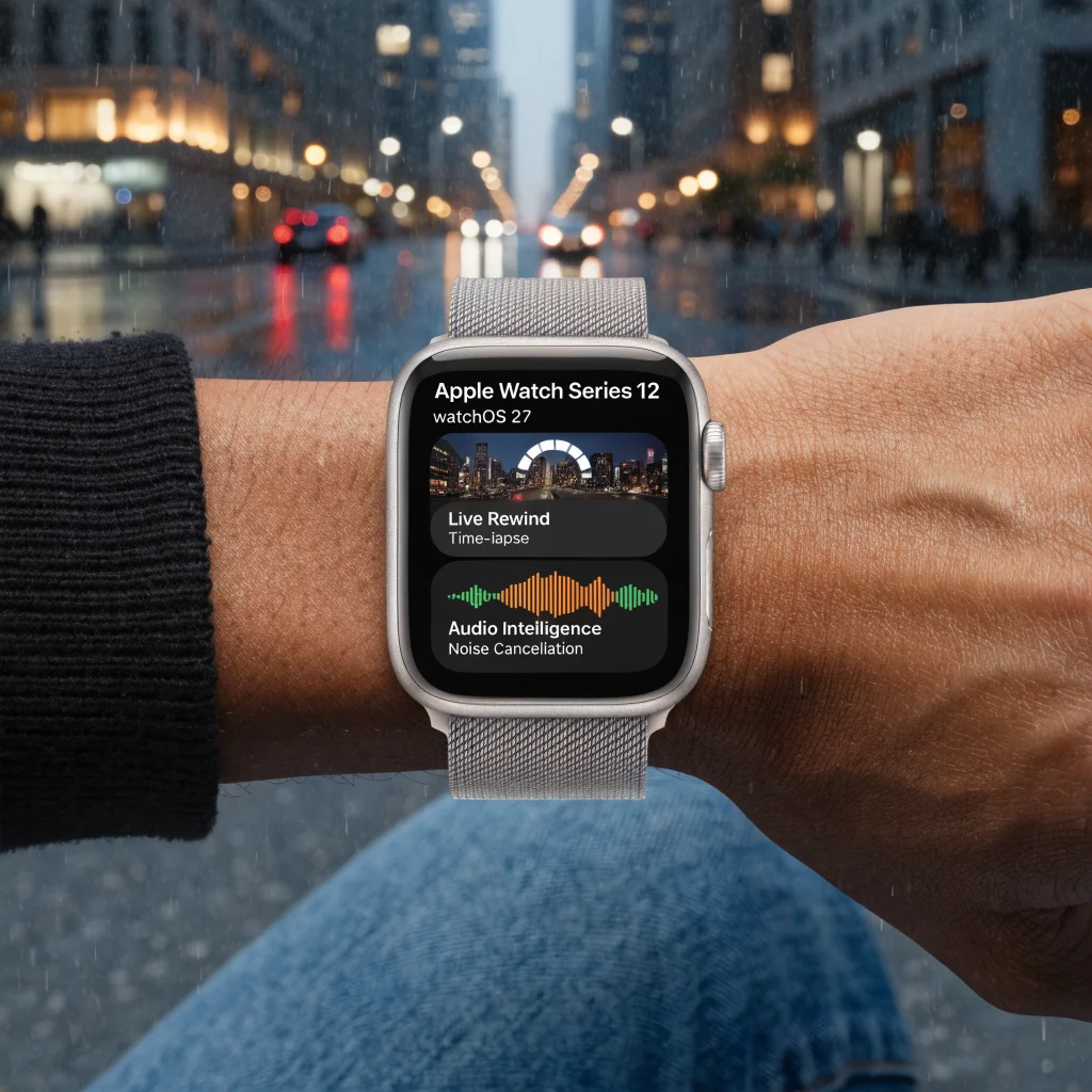 A realistic photo of an Apple Watch Series 12 displaying the watchOS 27 update screen highlighting Live Rewind and Audio Intelligence features.