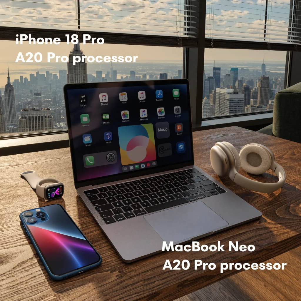 A sleek iPhone 18 Pro and MacBook Neo featuring the Apple A20 Pro processor displayed on a modern desk with Apple Watch Series 11 and AirPods Max nearby.