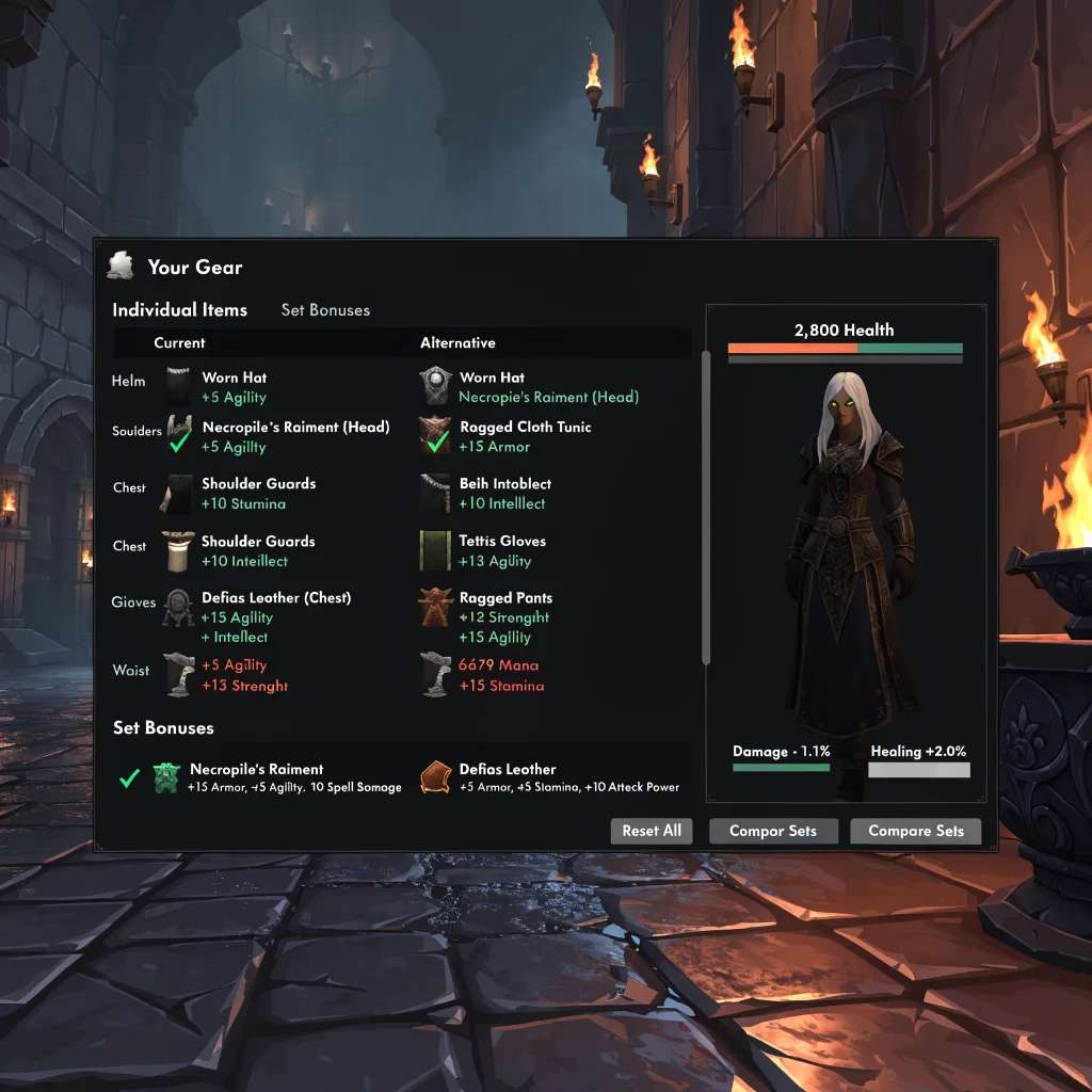 A World of Warcraft player comparing low-level gear and set bonuses like Necropile's Raiment and Defias Leather to optimize character performance.