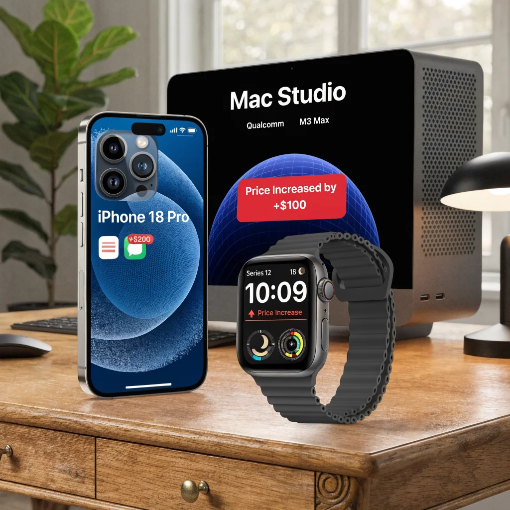 A realistic photo of Apple products including iPhone 18 Pro, Apple Watch Series 12, and Mac Studio with a Qualcomm chip price increase notification on screen.