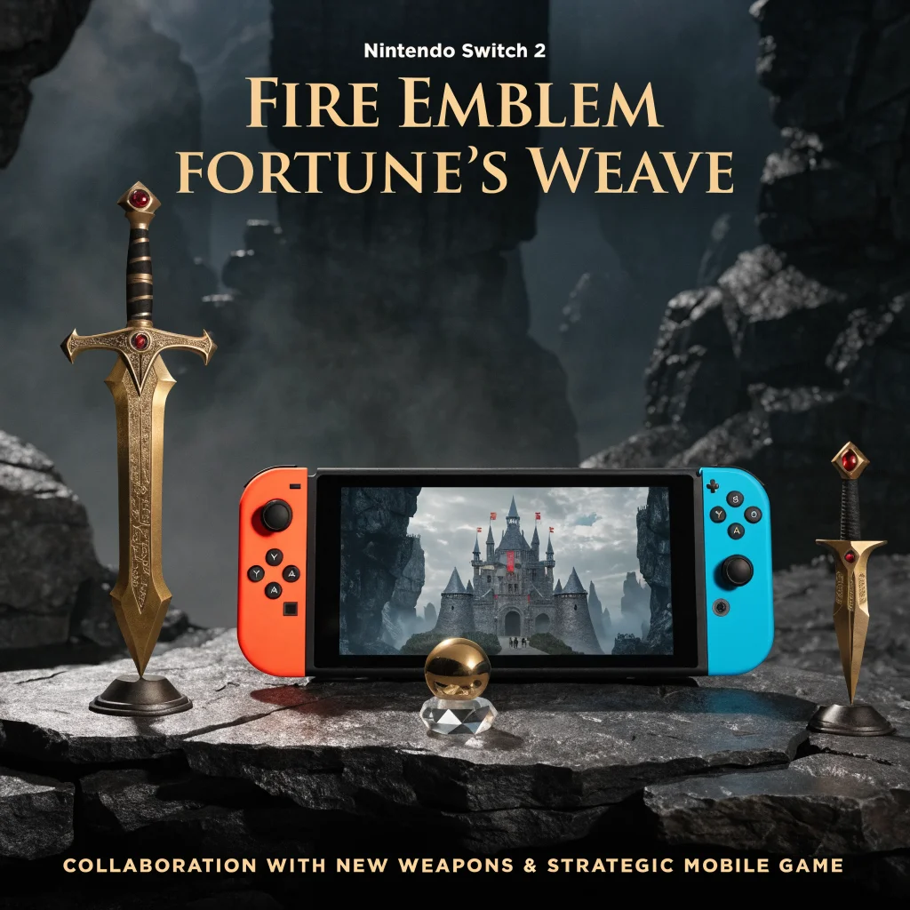 A realistic photo of Fire Emblem Fortune's Weave showing new weapons and strategic mobile game collaboration on Nintendo Switch 2.