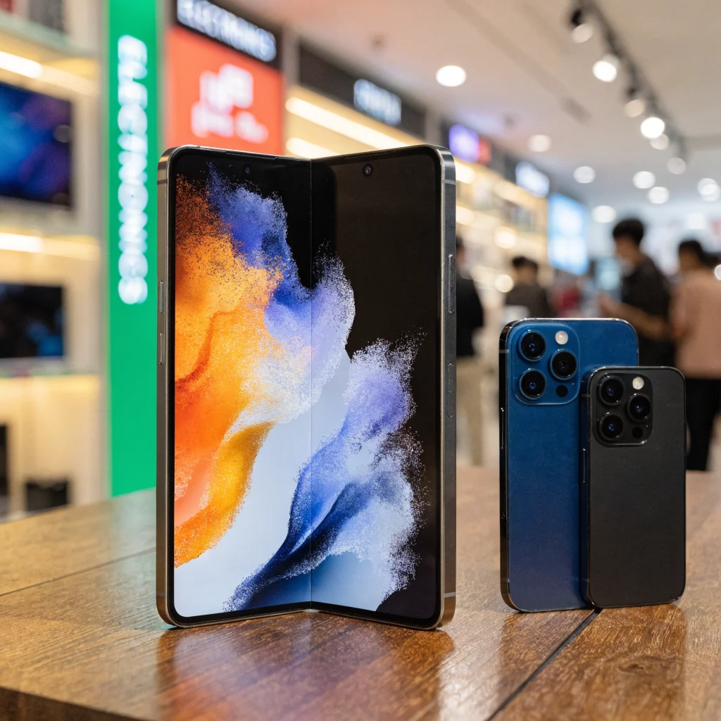 A close-up of a Galaxy Z Fold 8 smartphone unfolded next to an iPhone Duo on a wooden table in a South Korean electronics store.