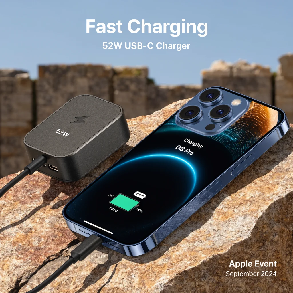 A realistic photo of the iPhone 18 Pro Max connected to a 52W USB-C charger displaying fast charging from 0% to 100% on iOS 26 during Apple Event September 2024.