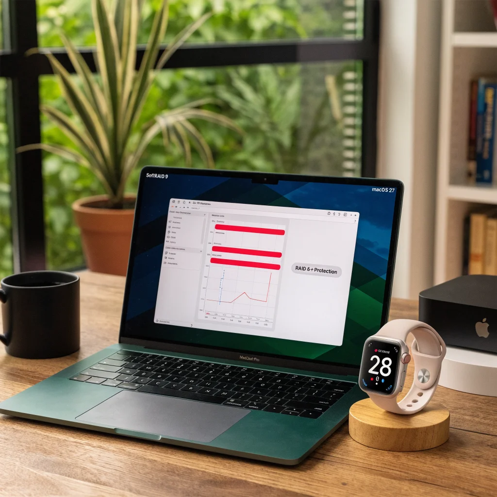 A MacBook Pro running macOS 27 with SoftRAID 9 interface displaying RAID 6+ protection information, alongside Apple Watch Series 11 and Apple TV 4K.