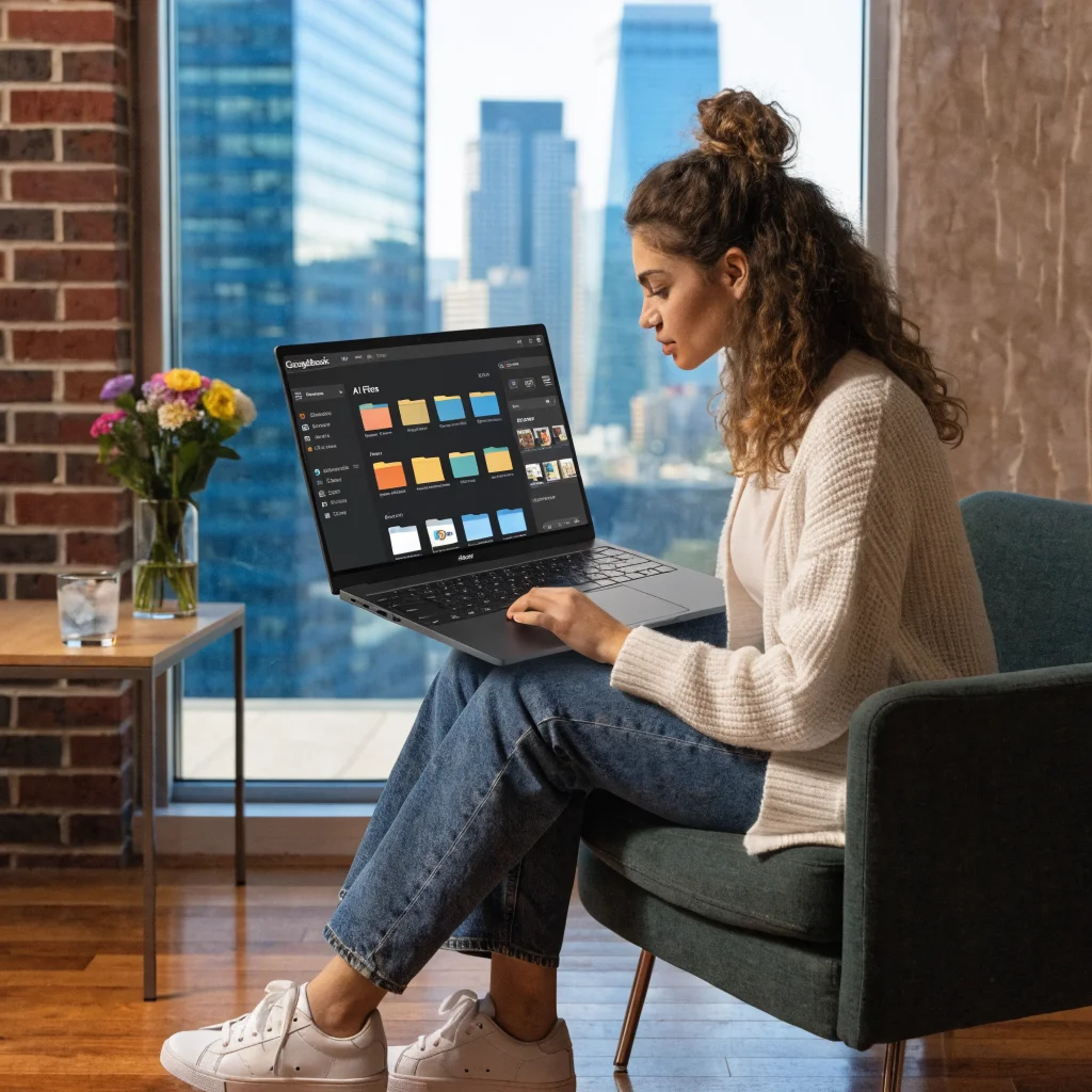A realistic photo of a Googlebook device displaying AI-organized files, topic-based folders, desktop widgets, and collaboration features with Acer on an Android laptop.