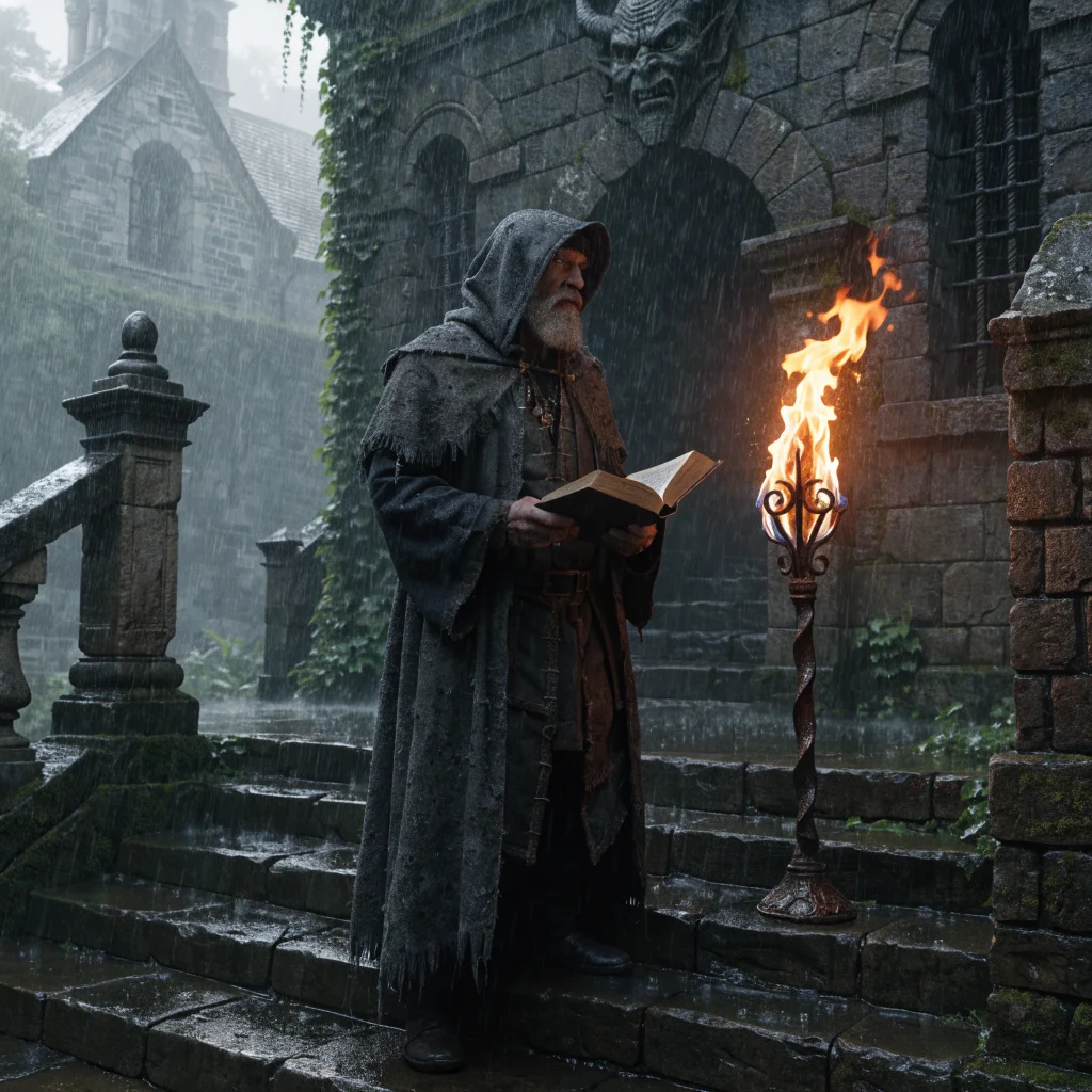 A realistic photo of Old Tristram village from Diablo 4's Season of Hell's Legacy, featuring Deckard Cain, Hellfire Torch, and iconic Diablo RPG elements.