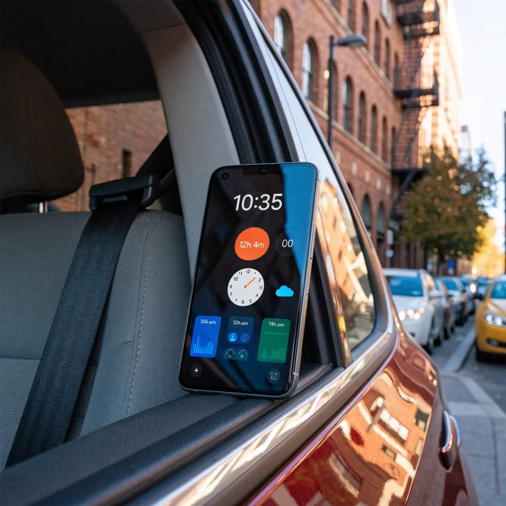 A realistic photo of a Google Pixel smartphone displaying customizable AI-enhanced Android lock screen clocks with widgets and cloud backup features.