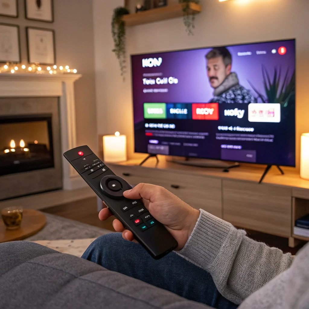 Realistic photo of a person using a Roku streaming device with experimental features on a smart TV displaying HBO Max offers and streaming options for USA and Mexico.