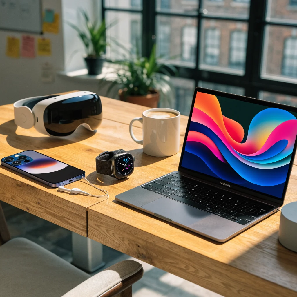 A modern workspace showcasing the latest Apple products including iPhone 18 Pro, Apple Watch Series 12, MacBook Neo, and Apple Vision Pro in a bright tech environment.