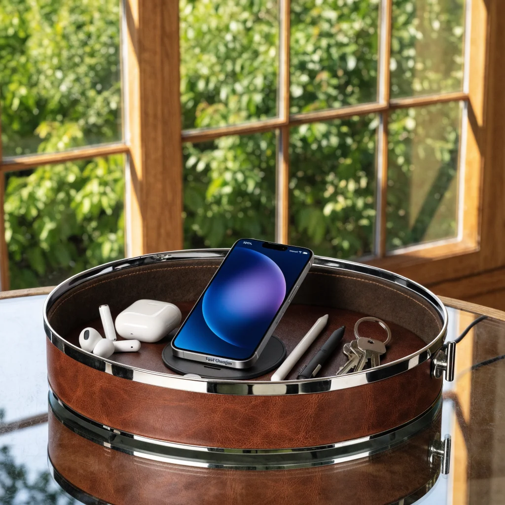 A realistic photo of the Twelve South Valet bespoke leather valet tray with a MagSafe iPhone charger showing fast charging in a stylish Apple accessory setup.